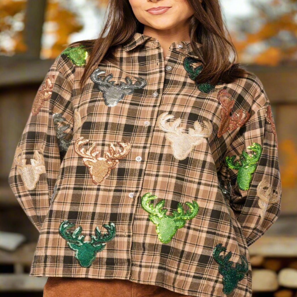 Nwt Queen Of Sparkles Brown Plaid Multi Deer Head Button Up Long Sleeve Top